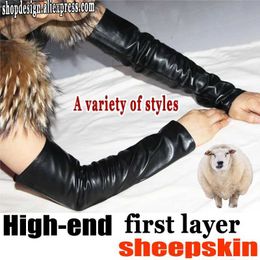 Protective Sleeves Genuine Leather Sleeves Womens Long Sheepskin Gloves Warm Fingerless Arm Sleeves Spring Autumn Winter Elbow Arm Guard Sleeves L240312