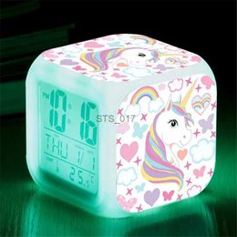 Other Clocks Accessories Childrens Unicorn Alarm Clock Cartoon 7 Led Night Light Desk Clocks Date Temperature despertador Unicornio Kids Birthday GiftsL2403