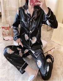 Xifenni Silk Pyjama Sets Female Silky High Quality Faux Silk Couple Flower Printed Sleepwear Man Woman Clothes Pants Two 1Pcs Set4640606