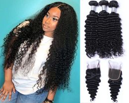 Peruvian Deep Wave Hair Bundles with Closure Middle 3 Part Double Weft Human Hair Extensions Dyeable Human Hair Weave4572180