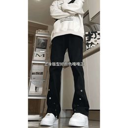 Black Micro Flared Jeans, Men's Spring Buckle Design, Feeling Ruffled And Handsome Pants, American High Street Vibe Straight Leg Pants