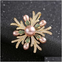 Pins Brooches Novelty Zircon Pearl Coral Copper Cor Dazzling Flower Brass Lapel For Women Girls Dress Party Jewelry Drop Delivery Dhsp7