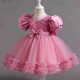 Girl's Dresses Baby Girls Party Dress for 2024 New Summer Vintage Court Ceremony Birthday Ball Gowns Puff Sleeves Toddler Kids Princess Dresses L240313