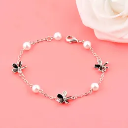 Link Bracelets LEEKER Korean Fashion Black Enamel Flower Bracelet For Women Silver Color Pearl Wedding Accessories Jewelry 039 LK3