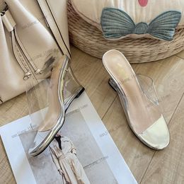 2024 Womens Slippers Gold Silver Metallic Wedge PVC Clear top Open Toe Sandal Platforms Interlocking C Slides Designer High Heels Mule Pumps Party Wedding Shoes