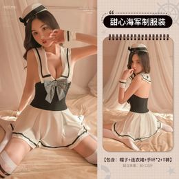 Sexy Erotic Lingerie Female Sex Cosplay Sailor Suit Student Wear Bow Tie Braless Sleeveless Stewardess Uniform Suit Female 240307