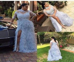 Dusty Blue Feather Plus Size Prom Dresses With Half Sleeves Sheer High Neck Split Side Evening Gowns ALine Applique Long Formal G7503155