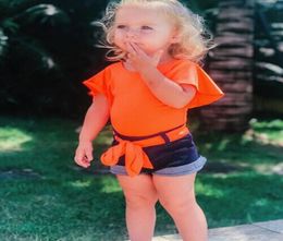 Baby Girl Kids Summer Toddler Outfits Flare Sleeve Oneck Tshirt Tops And Shorts Two Pieces Sets Neon Clothes 2019 New Arrival1300092