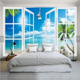 3D po Wallpaper blue sky white clouds coconut tree beach seaview mural wallpaper 3d for Living Room Bedroom papel de parede241C