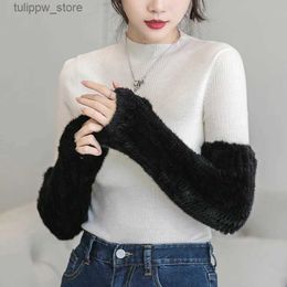 Protective Sleeves Natural Genuine Mink Fur Long Hepburn Style Gloves Arm Warmers Hand Knitted High Elastic Half Finger Women Sleeve Autumn Winter L240312