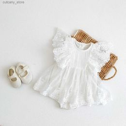 Girl's Dresses 2024 Summer Baby Girls Romper Cotton Lace Ruffle Embroidery Flying Sleeve Mesh Princess Toddler Girl Dress Infant Girls Bodysuit L240313