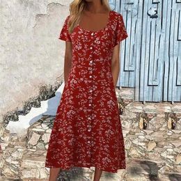 Casual Dresses Summer For Women 2024 Fashion Red Floral Square Neck Button Short Sleeve Sexy Slit Long Dress