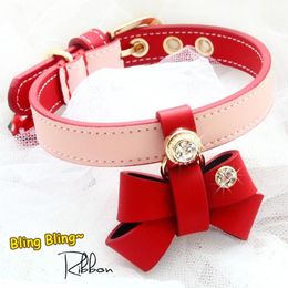 Dog Collar Leash Pet Accessories Cattlehide Real Leather Lychee Texture Cowhide Pink Red Cowskin Rhinestone Buckle Calfskin New180y