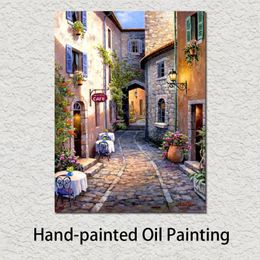 Modern Art Oil Painting Riviera Cafe Mediterranean Villages Handmade Artwork Picture for Bedroom Wall Decor Frameless205g