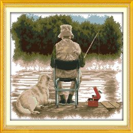old man and dog Fishing decor paintings Handmade Cross Stitch Embroidery Needlework sets counted print on canvas DMC 14CT 11CT248s