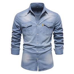 2024 LongSleeved Denim Shirt Spring Fall Cotton Top Pocket Decoration Lapel Button Casual Cargo Plus Size 4 Colour 240306