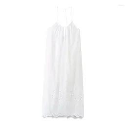 Casual Dresses 2024 Summer Suspender Dress Hollow Embroidery Loose Cotton Backless White Temperament Sweet Wind Female Long Skirt