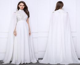 Elegant White Evening Formal Dresses Long With Wrap A Line Lace Chiffon High Neck Cape Sleeve Saudi Arabic Caftan Celebrity Prom P6996256