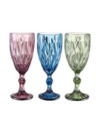 10oz Wine Glasses Coloured Glass Goblet with Stem 300ml Vintage Pattern Embossed Romantic Drinkware for Party Wedding wly93591254143585075