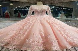 Luxury Pink New Designer Ball Gown Prom Dresses Long Sleeves Lace Appliqued Beads Dress Evening Wear Plus Size Custom Made Formal 8255245