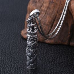 S990 Sterling Silver Vintage Memorial Thai silver ancient Bottle Jewelry Dragon Design Punk Mens Pendant Holder Ash Urn Necklace263g