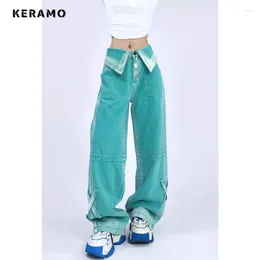 Women's Jeans A Vintage High Waist Street Style Green Straight Pants Korean Fashion Wide Leg Grunge Baggy Y2K Denim Trouser