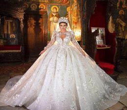 Luxury Arabic Lace Beaded Wedding Dresses Shiny Bridal Gowns Long Sleeves Chapel Vintage Ball Gown Marriage Vestido De Novia4380588