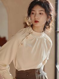 Women's Blouses French Chic Oblique Button Satin Shirt Women Autumn 2024 Vintage Tops High-end Collar Pullover Design Female Blouse