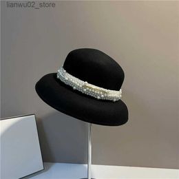 Wide Brim Hats Bucket Hats High quality small fragrance pearl Wool Fisherman hat Hepburn style elegant lampshade hat Light luxury womens banquet top hat Q240312