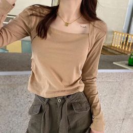 Women's T Shirts Square Neck Long Sleeve T-shirt For Women 2024 With Korean Fashion Y2k Clothes Crop Top Shirt