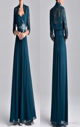 Vintage Teal Blue Chiffon Mother Dresses With Sleeves Lace Jacket Mother of the Bride Dresses Ruched Long Formal Evening Gowns3775914