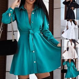 Casual Dresses Elegant Mini Shirt Dress Woman Autumn Long Sleeve Office Ladies Belt Black Button Lace Up A-line Robe Femme