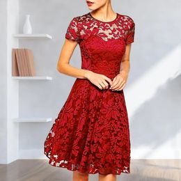 Women Summer Dress Seethrough Hollow Out Lace Party Mini Round Neck Aline Plus Size Prom Dres Clothes 240308