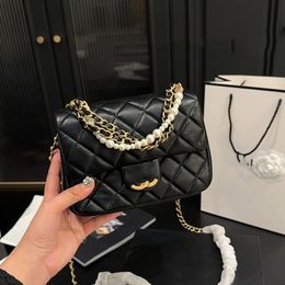 Ladies Designer Classic Lambskin Pearls Chain Shoulder Bags GHW Crossbody Handbag Black White Pink Purple Daily Outfit Purse Luxury Card Lipstick Holder Pouch 17CM