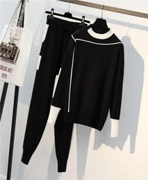 2019 Winter Women Knitted 2 Piece Set Long Sleeve O Neck Sportwear Pullover Sweater And Pocket Pant Suit 2 PCS Outfits Plus Size T6446348