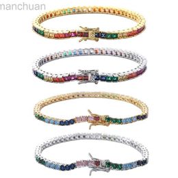 Bangle EYIKA New Shiny Rainbow CZ Bracelet Colourful 3mm Square Round Zircon Tennis Chain Bangle Women Men Hip Hop Fashion Fine Jewellery ldd240312