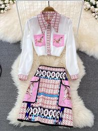 Work Dresses Fashion Summer Runway Women Skirt Suit Animal Horse Geometry Print Blouse And A Line Buttons With Pocket Two Piece Set