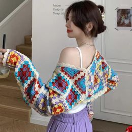 Women's Knits Korean Style Y2K Retro Colorful Crocheted Hollow Cardigan Knitted Jacket Design Thin Short Shawl