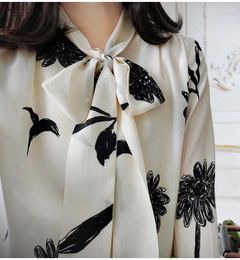Women's T Shirts 2024 Silk Top Women Ink Flower Print Ribbon Necktie Long Sleeved Loose Shirt Commuter Spring And Autumn