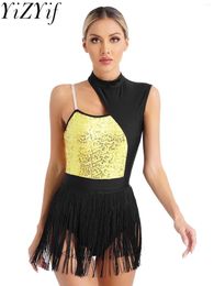 Stage Wear Women Fringed Tassel Latin Dance Costume Shiny Sequins Leotard Dresses For Dancing Competition Samba Tango Performance Jumpsuit