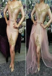 2019 Sexy Short Prom Dresses with Detachable Train V Neck Applique Long Sleeves lace applique Cocktail evening Party Gowns2612098