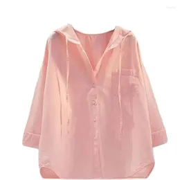 Women's Blouses 2024 Spring Summer Pink Hooded Pure Cotton Shirt Thin Coat Women Single Pocket Casual Sunscreen Cardigan Blouse Female