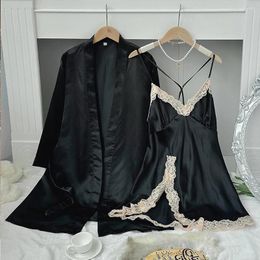Women's Sleepwear V-Neck Twinset Robe Set Lady Satin Sexy Lace Trim Nighty&robe 2Pcs Nightgown Leisure Femal Nightdress