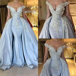 Sky Blue Elegant Evening Dresses with Detachable Skirt Off Shoulders Applique Sequin Long Satin Pageant Celebrity Gowns Prom Dress2129391