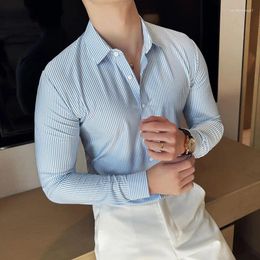 Men's Casual Shirts Elegant Traceless Striped For Men High Quality Slim Fit Social Shirt Dress Long Sleeve Elastic Gluing Tuxedo 4XL-M