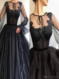 Black Long Poet Sleeves Prom Dresses Lace Applique Beaded Jewel Ruffles Tiered Skirt Custom Made Graduation Ball Gown Formal Eveni2409150