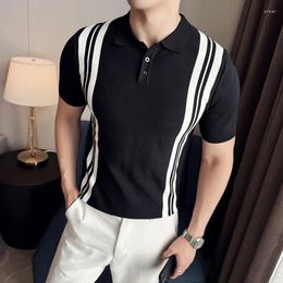 Erkek Polos Yaz Örme Polo Tişörtleri Erkekler İçin Yüksek Kaliteli Moda Erkekler Sıradan Çizgili T-Shirt Kısa Kol İnce Fit Nefes Alabilir Topstees