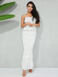 Casual Dresses Women Tiered Ruffle Maxi Skirt Outfits Bandage Ruched Camisole And Elastic Long Y2k 2Piece Set