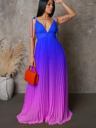 Casual Dresses 2024 Spring Summer Women Suspended Dress Gradient Print Deep V-neck Backless Floor-Length Party Pleated