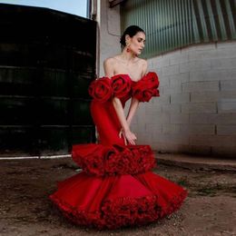 Red Mermaid Flamenco Prom Dresses Tiered Tutu Formal Gowns Handmade Flowers Dance Special Occasion Dress For Women Floor Length Chic Fashion Evening Wear 2024